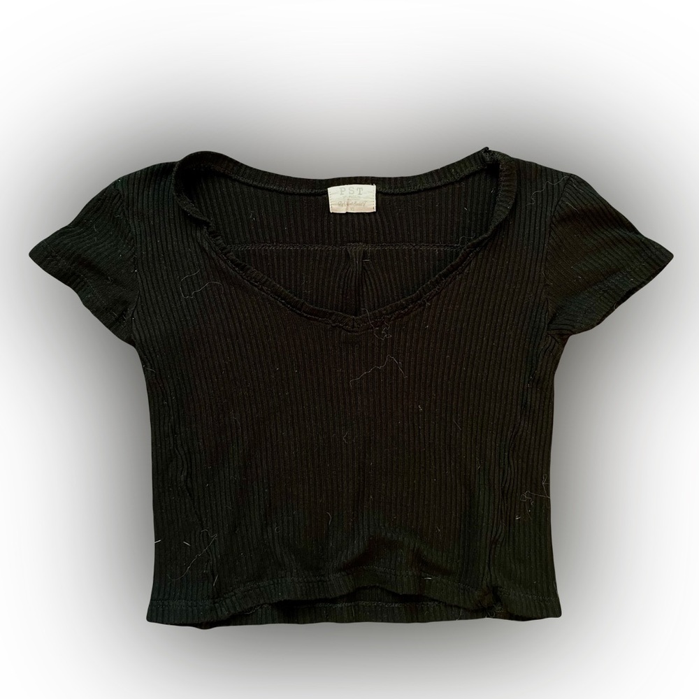 PST LOS ANGELES BLACK CROPPED RIBBED TEE SHIRT // SIZE XS🖤